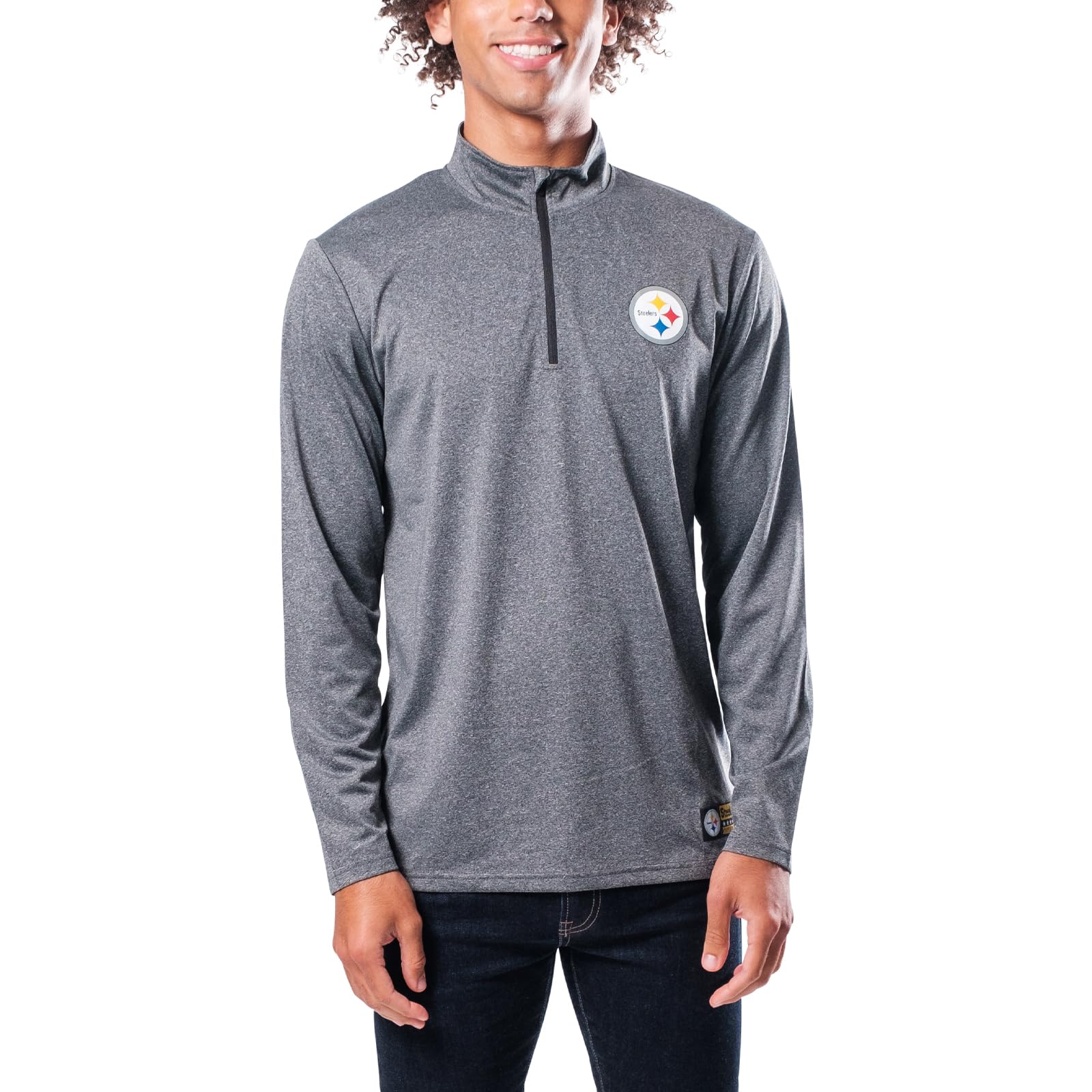 Ultra Game NFL Official Adults Super Soft Quarter Zip Long Sleeve T-Shirt - Unisex, Pittsburgh Steelers, Heather Charcoal, X-Large Image