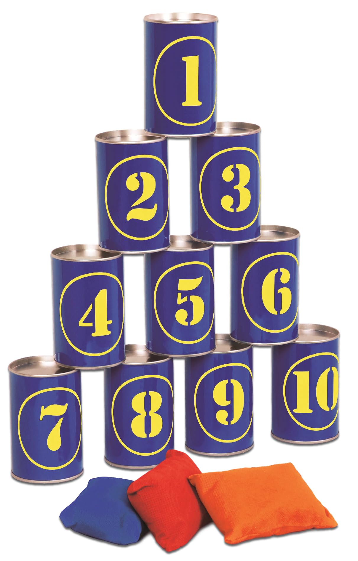 Tin Can Alley Game – Hit The Tins Outdoor Garden Throwing Games – Classic Fairground Fete Knock Down Cans Set – 10 Metal Tins & 3 Bean Bags – Wedding & Family Fun for Kids & Adults – Bean Bag Toss