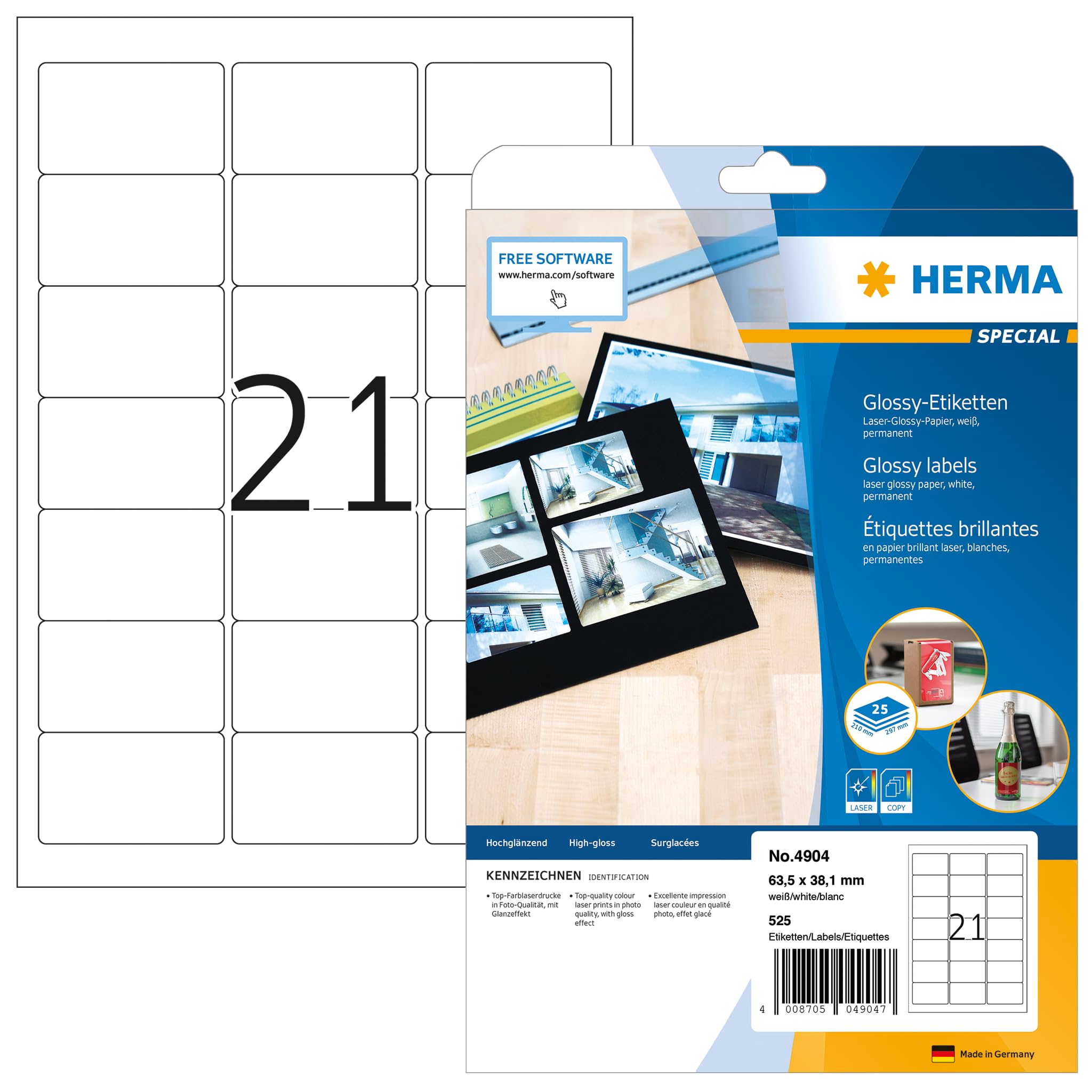 HERMA Self Adhesive High Gloss Labels, 21 Labels per A4 Sheet, 25 Sheets, 63.5 x 38.1 mm, 525 Labels, Blank Photo Quality Labels Stickers, Sticky Labels for Laser Printer, White