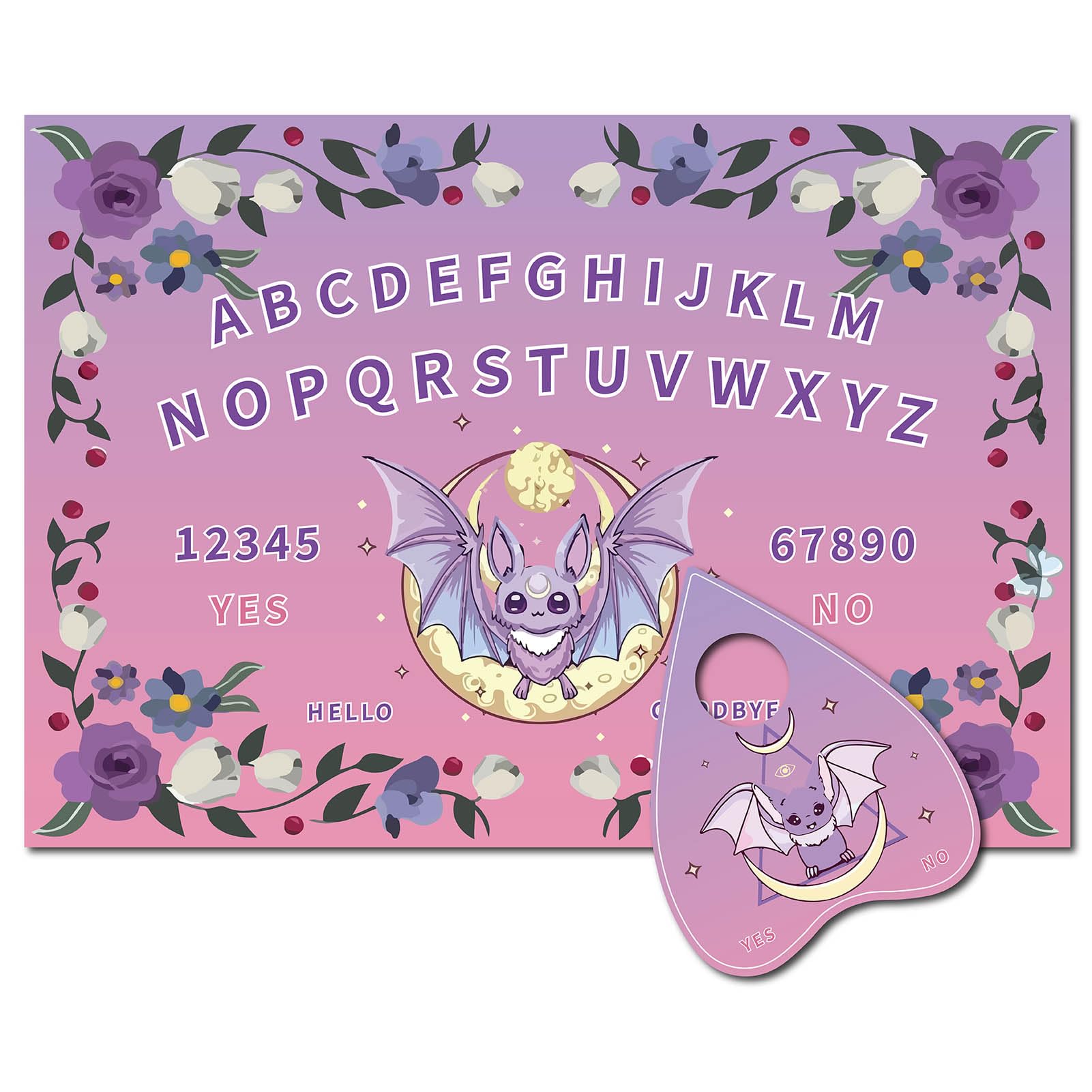 CREATCABIN Bat Pendulum Board Wooden Spirit Board Purple Dowsing Divination Kit Purple Flower Wood Talking Board Metaphysical Message with Planchette for Witchcraft Altar Supplies 11.8X8.3 Inch