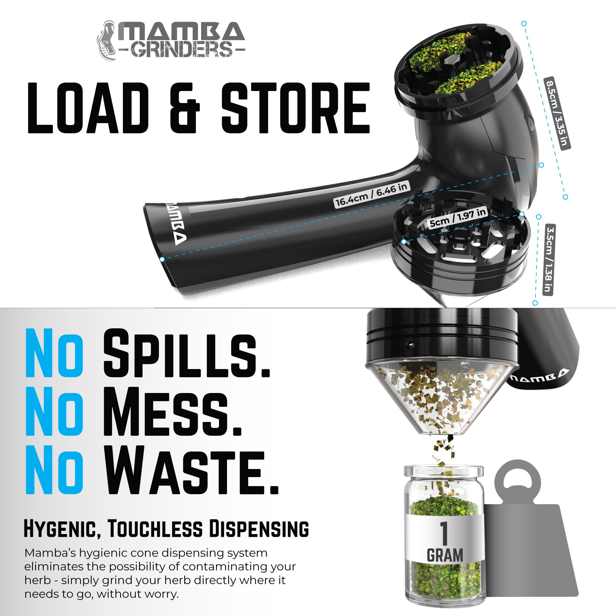 Mamba Original 1g Black USB Electric Herb Grinder. Small Portable Metal Herbal Machine & Spice Mill for the Kitchen