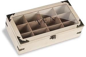 handrong Tea Box,Wood Tea Organizer and Storage,12 Compartments Teas Bag Holder Organizer with Clear Window for Countertop Kitchen Cabinet Pantry (Smoky)
