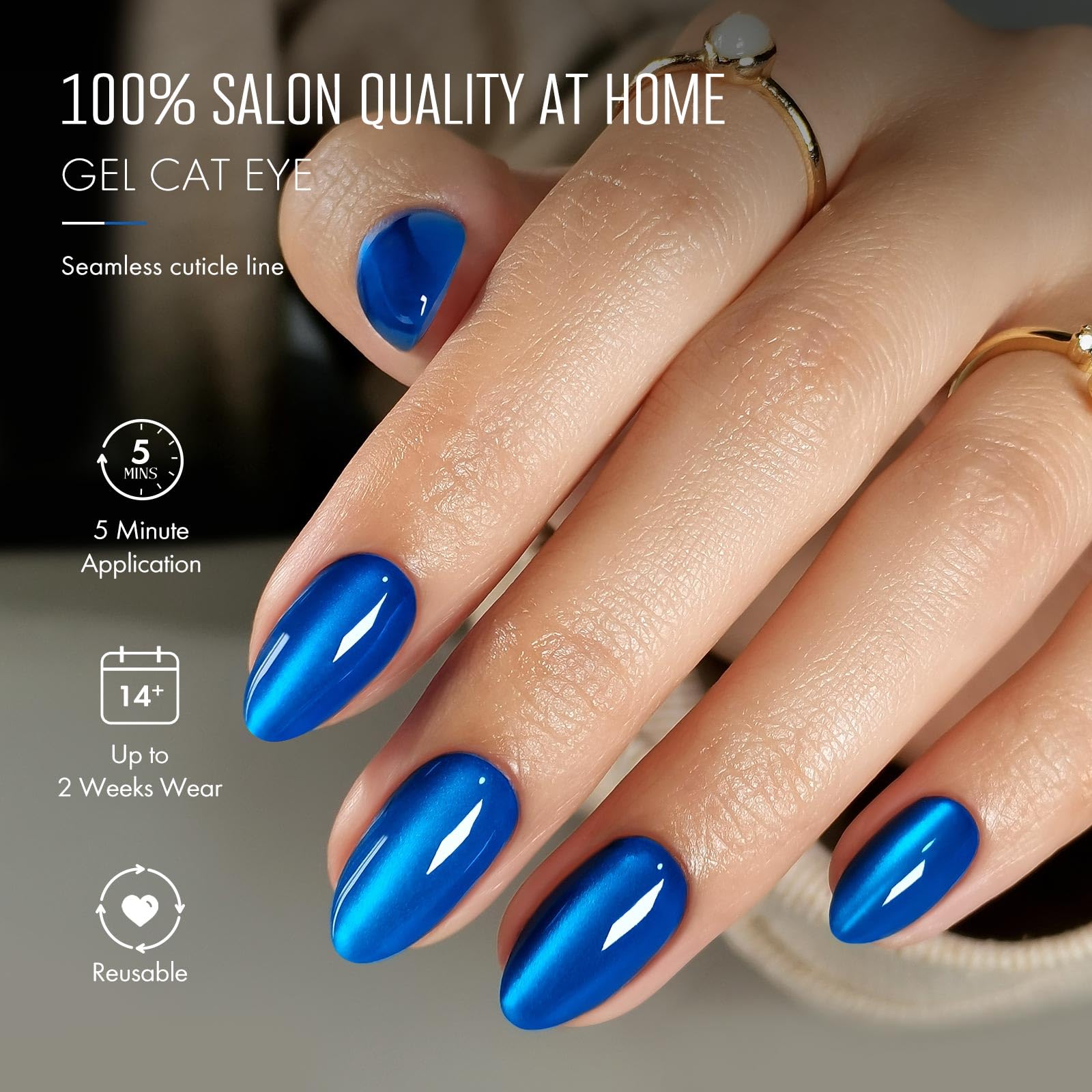 SHANGMENG Cat Eye Blue Press on Nails Almond - Soft Gel Press on Nails Short for Women Gift, Fit Perfectly & Natural Stick on Nails with Glue in 16 Sizes - 32 Reusable Fake Nails, Klein Blue - Image 2