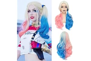 AISI QUEENS Pink and Blue Wig Harley Quinn Wig for Girls Halloween Harley Quinn Wig for Kids Clown Girl Wig for Women Pink and Blue Wig for Women No-bangs Clip on Ponytails Cosplay Wig