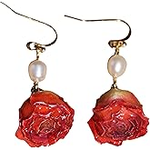 Red Rose Pearl Drop Earrings, Handcrafted Floral Dangle Earrings with Freshwater Pearls