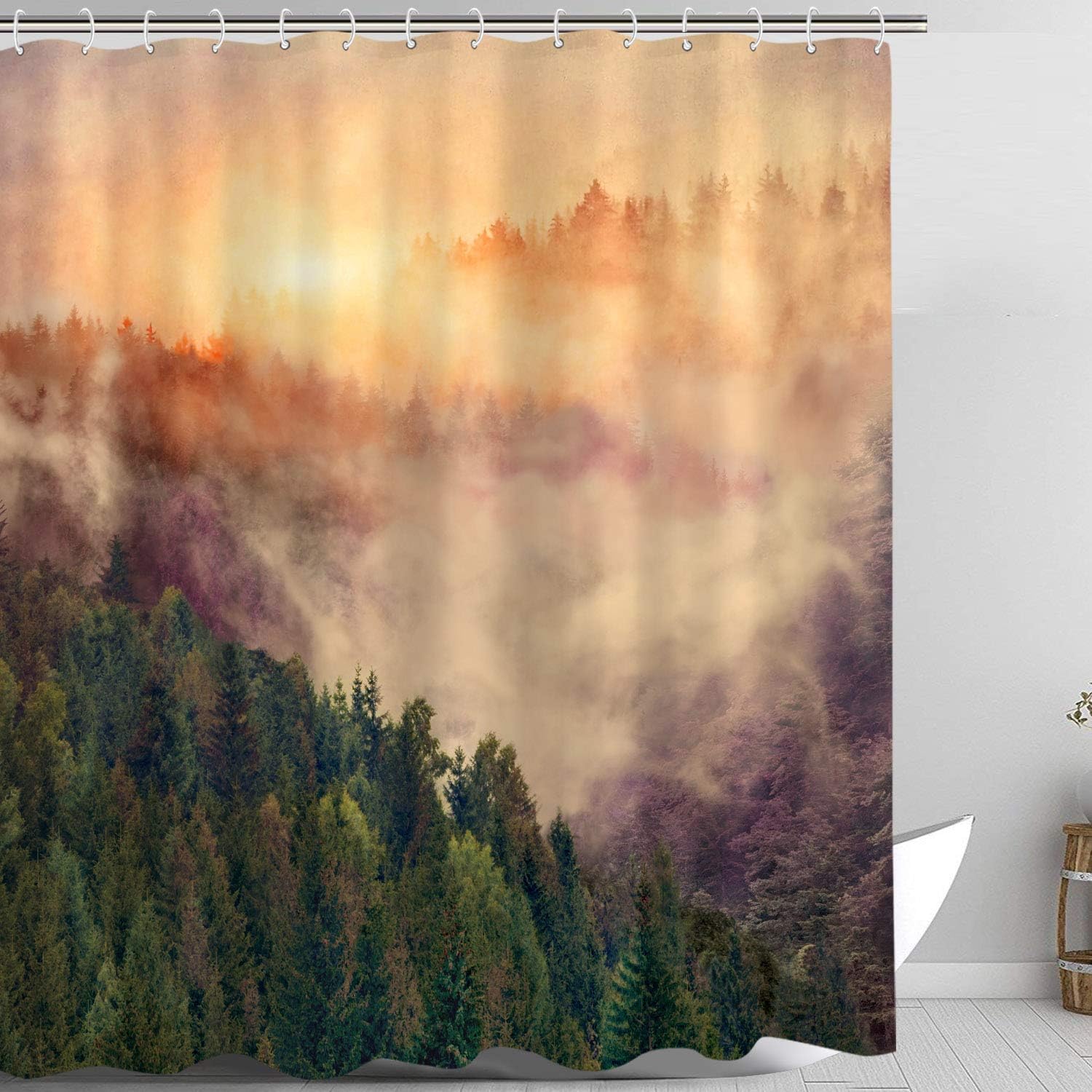 Amazon Com Zussun Forest Fog Shower Curtain Trees Nautre Fall Shower Curtain Home Decor Bathroom Accessory Sets With 70inx69in Kitchen Dining