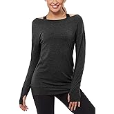Muzniuer Long Sleeve Workout Shirts-Off Shoulder Long Sleeve Yoga Sports Long T-Shirt Activewear with Thumb Hole