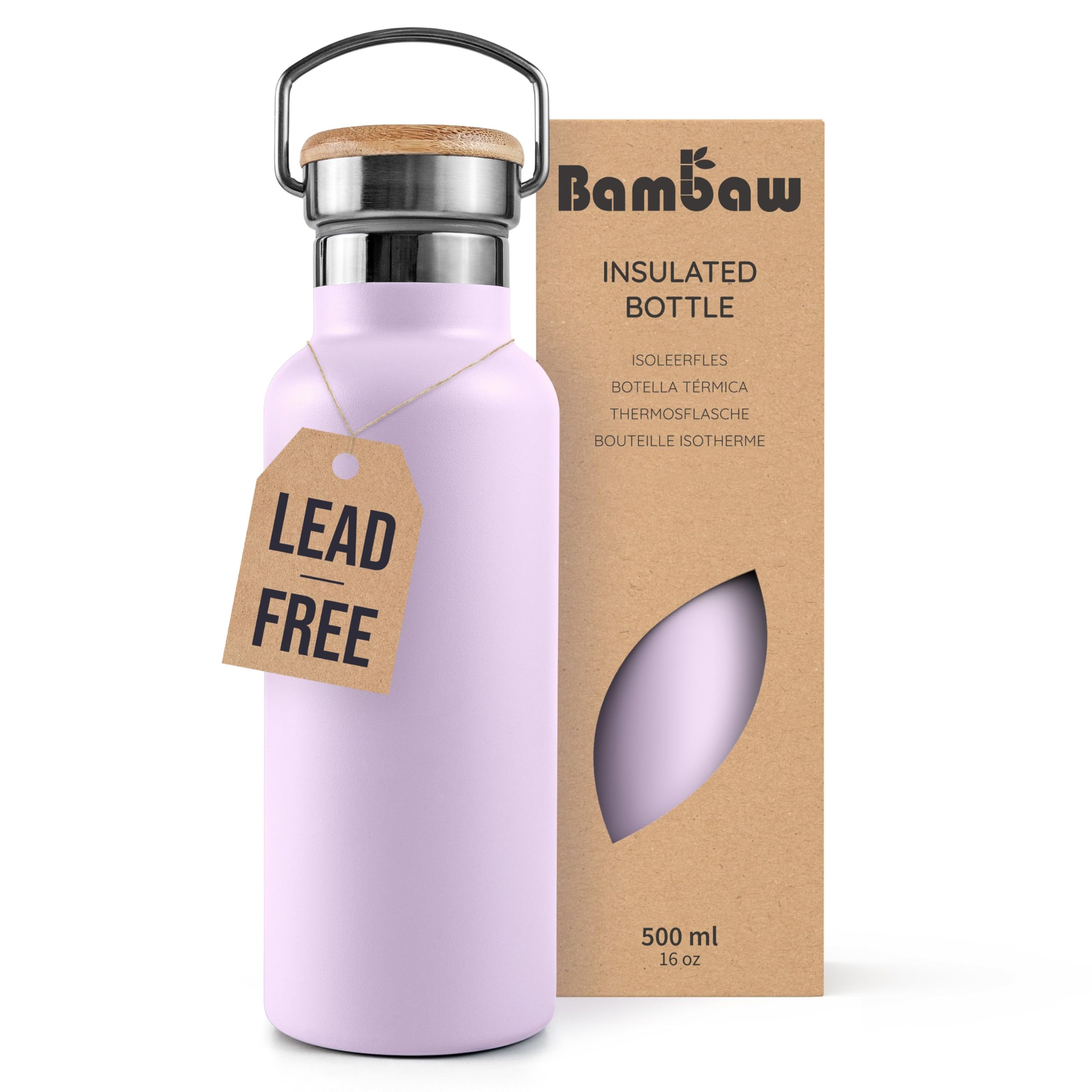 Bambaw Insulated Metal Water Bottle 500ml, for Hot & Cold Drinks, Bottle Water Stainless Steel, Reusable & Durable, Easy to Clean & Fits Cup Holder (Lavander Haze)