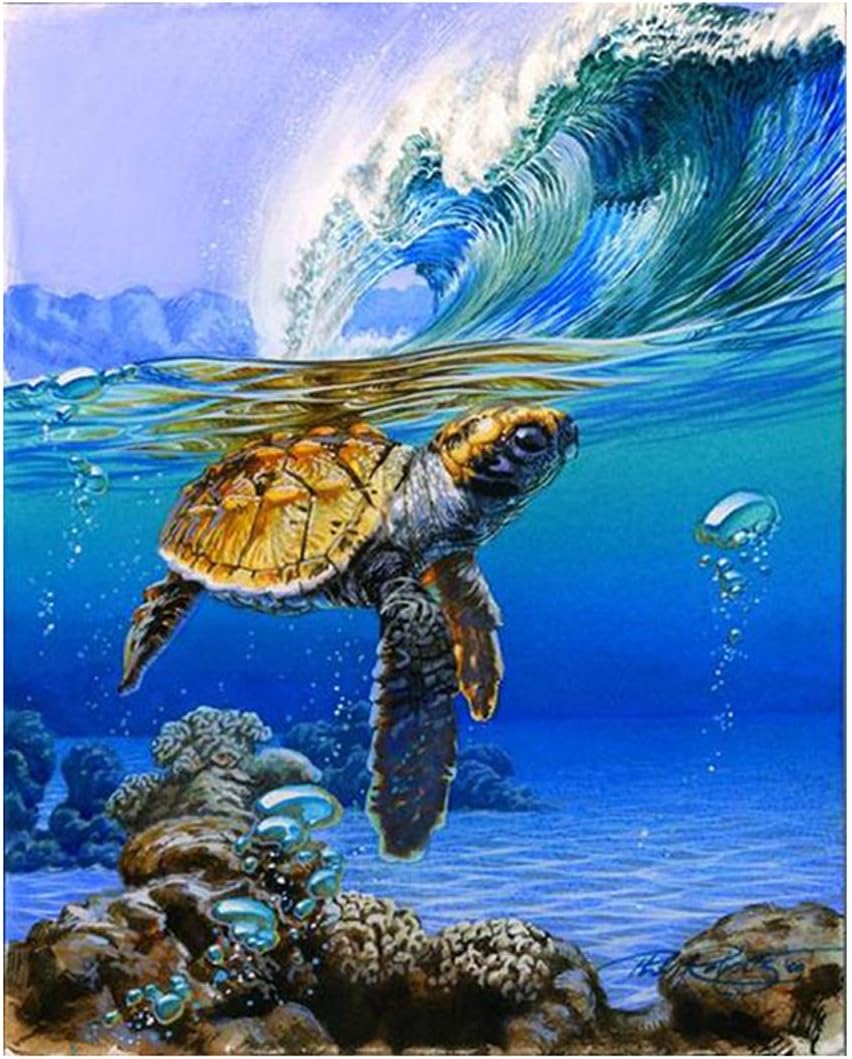 Paint by Numbers Anti Stress for Adults Sea Turtle Marine Animal Number Painting (Little Turtle with Sea Wave, Unframed)