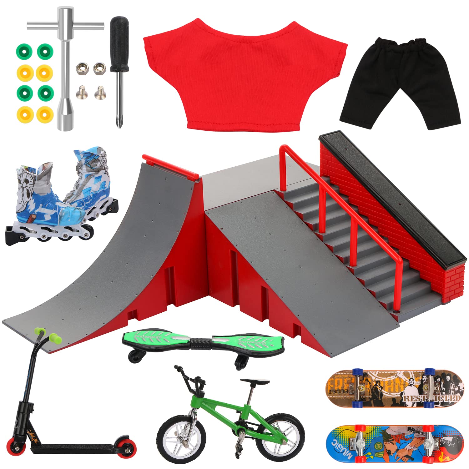 LALASTYLE Mini Skateboard Ramp with Mini Toy Set - Finger Skateboard, Bicycle, Scooter & Vitality Board - 1 Pair Skates - Training Trick Props
