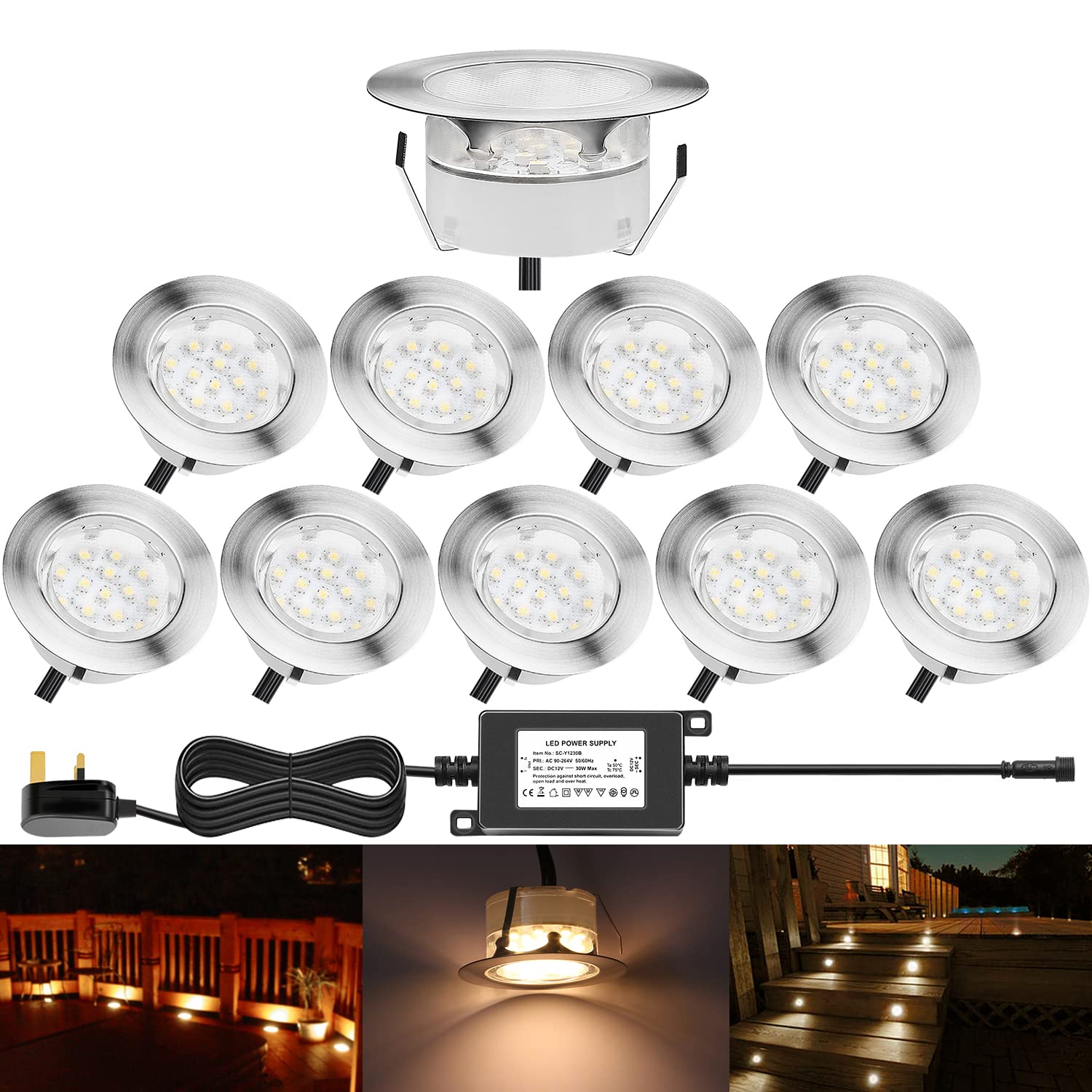 CHNXU 60mm Large Led Decking Lights Outdoor Low Voltage 12v IP67 1.5W Waterproof Deck Lighting Kits Pack of 10 (Warm White)