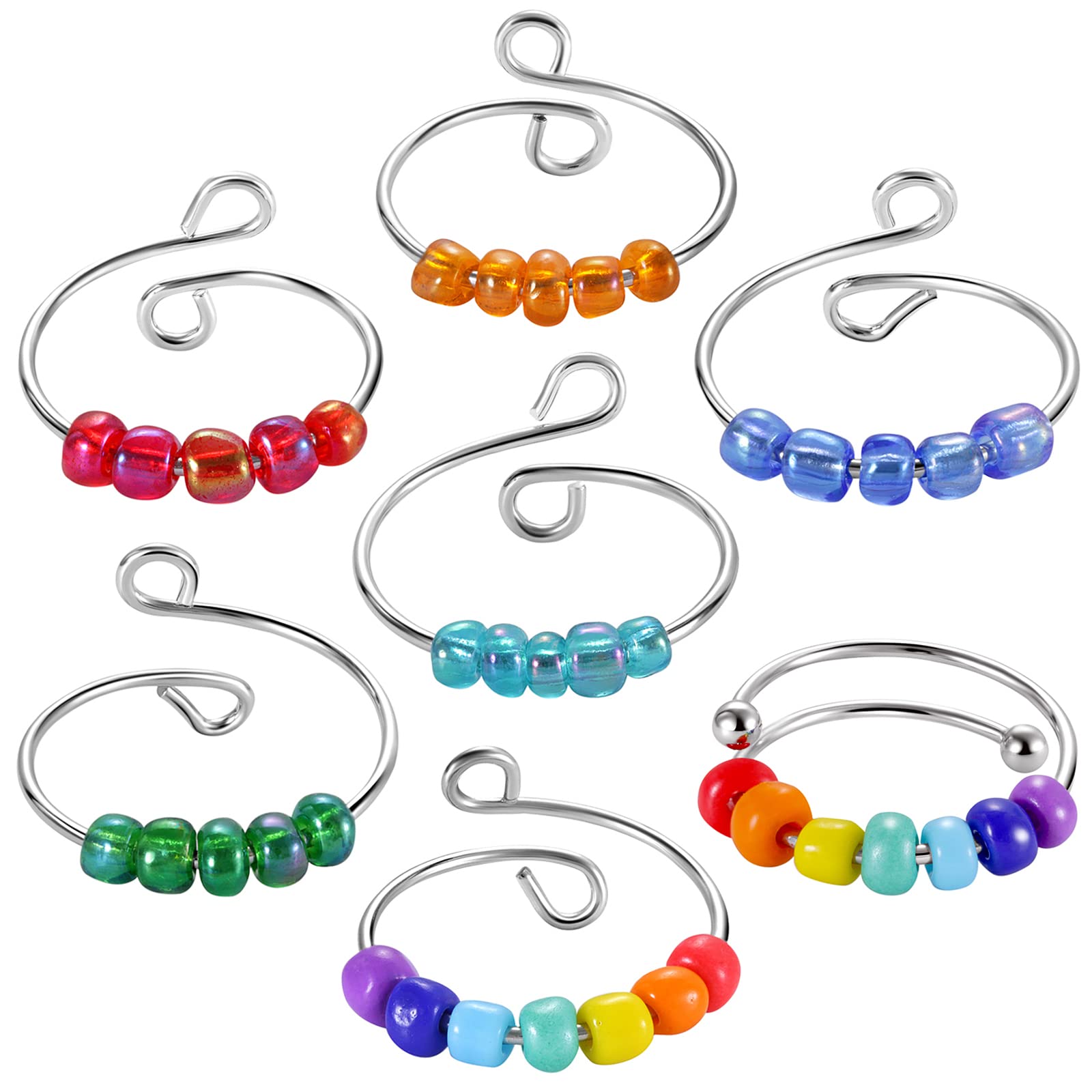 JewelryWe Anxiety Rings for Women, 7 PCS Open Rings Adjustable Fidget Ring Stress Relief Rings with Colorful Beads Rings Set