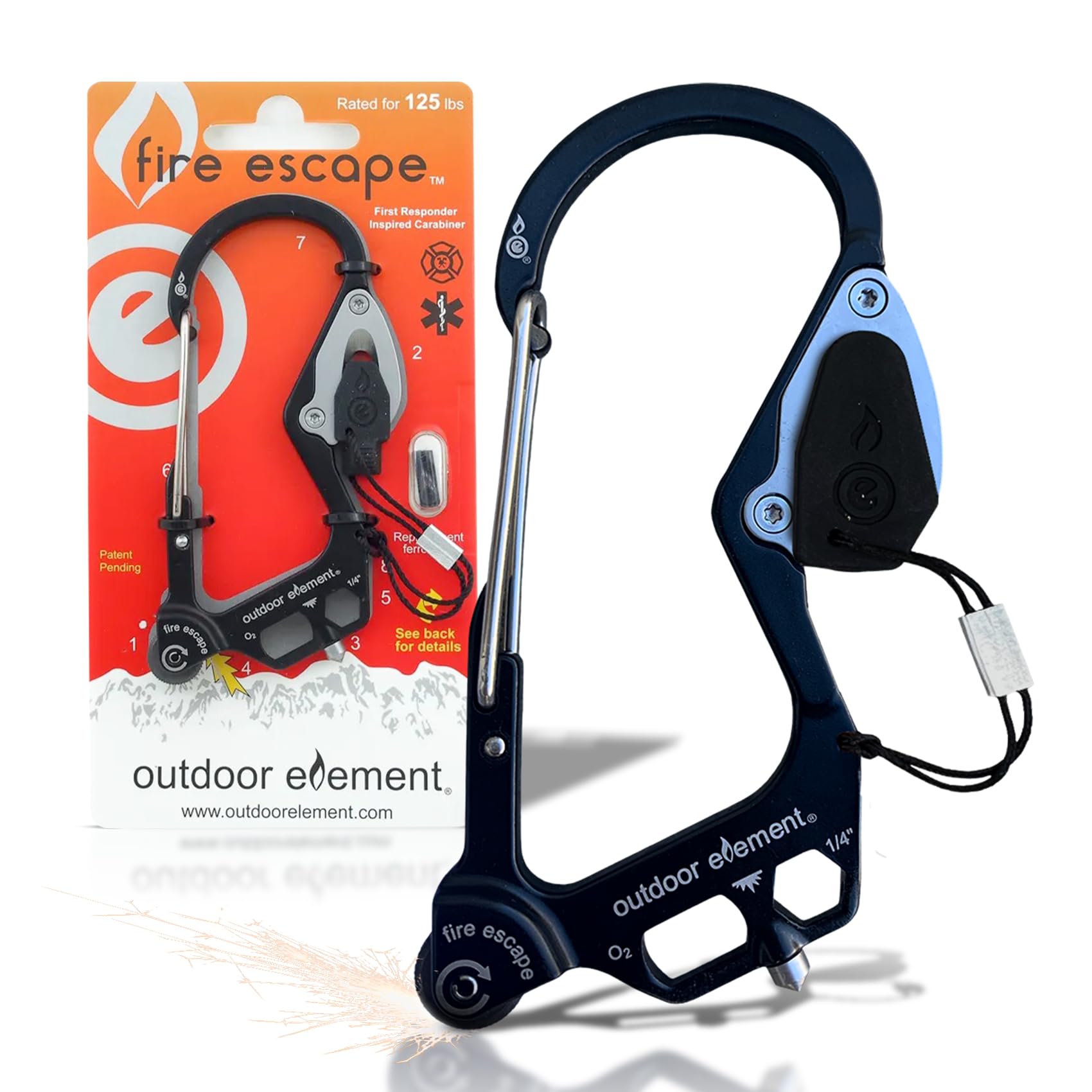 OUTDOOR ELEMENT The Fire Escape A Fire-Starting, Every-Day-Carry, Emergency Tool Carabiner Black Forest