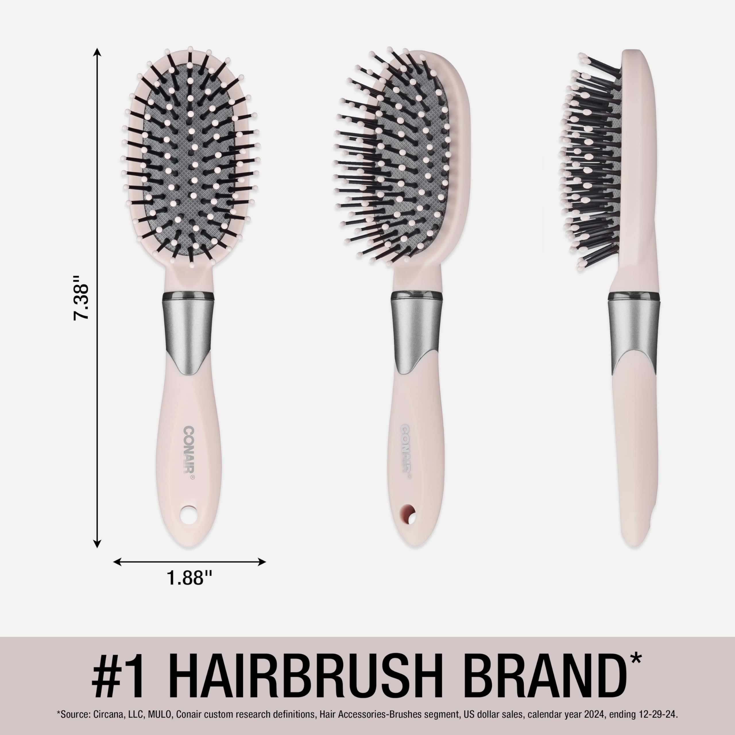 Conair Velvet Touch oval cushion hair brush - Travel Hairbrush- Detangling - curly or straight styles - detangler brushes - women or men - Blush Pink