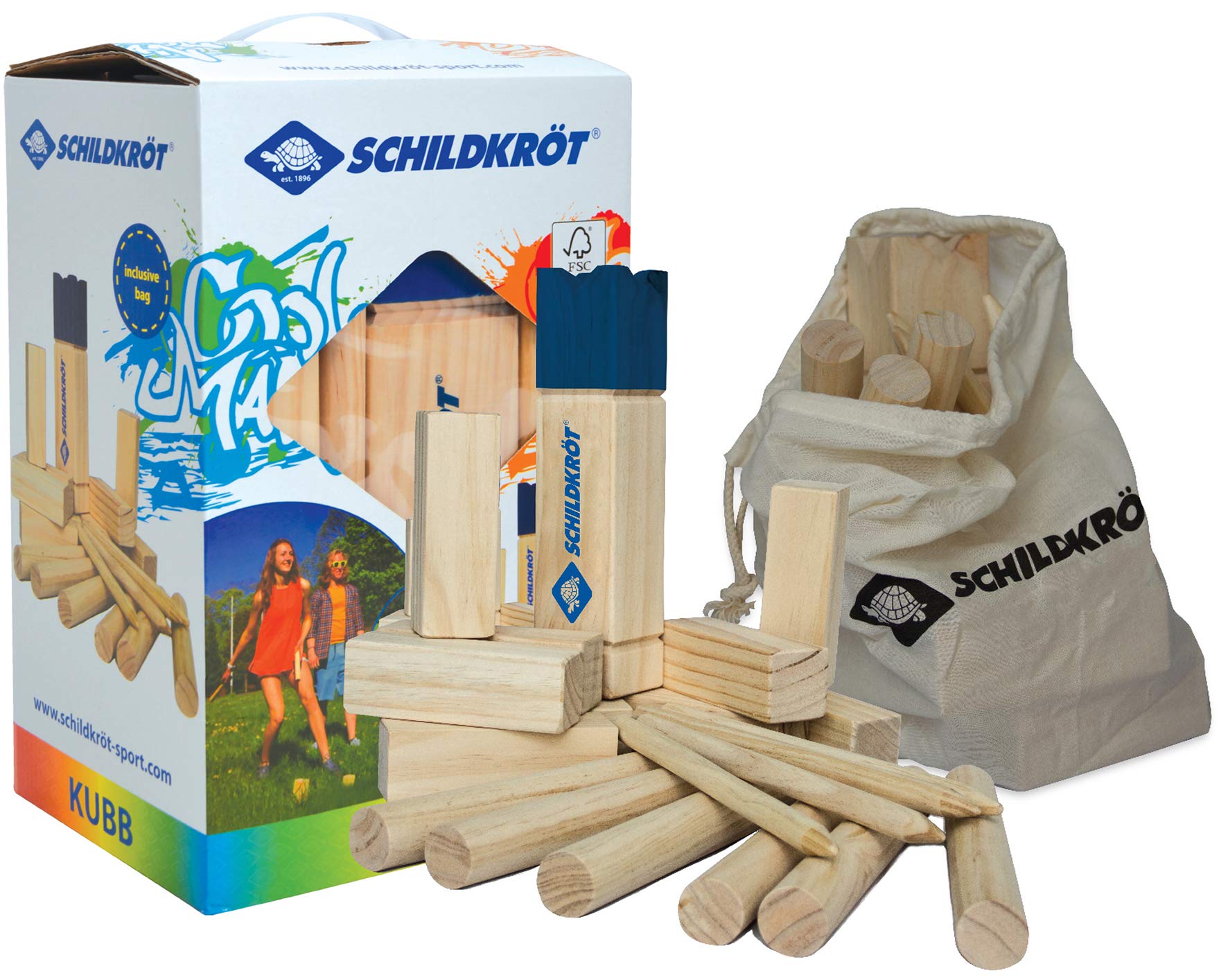 Schildkröt Kubb FSC Garden Game Set, Light Brown, 21 Pieces, FSC Certified Wood, Includes Transport/Storage Bag, 970112