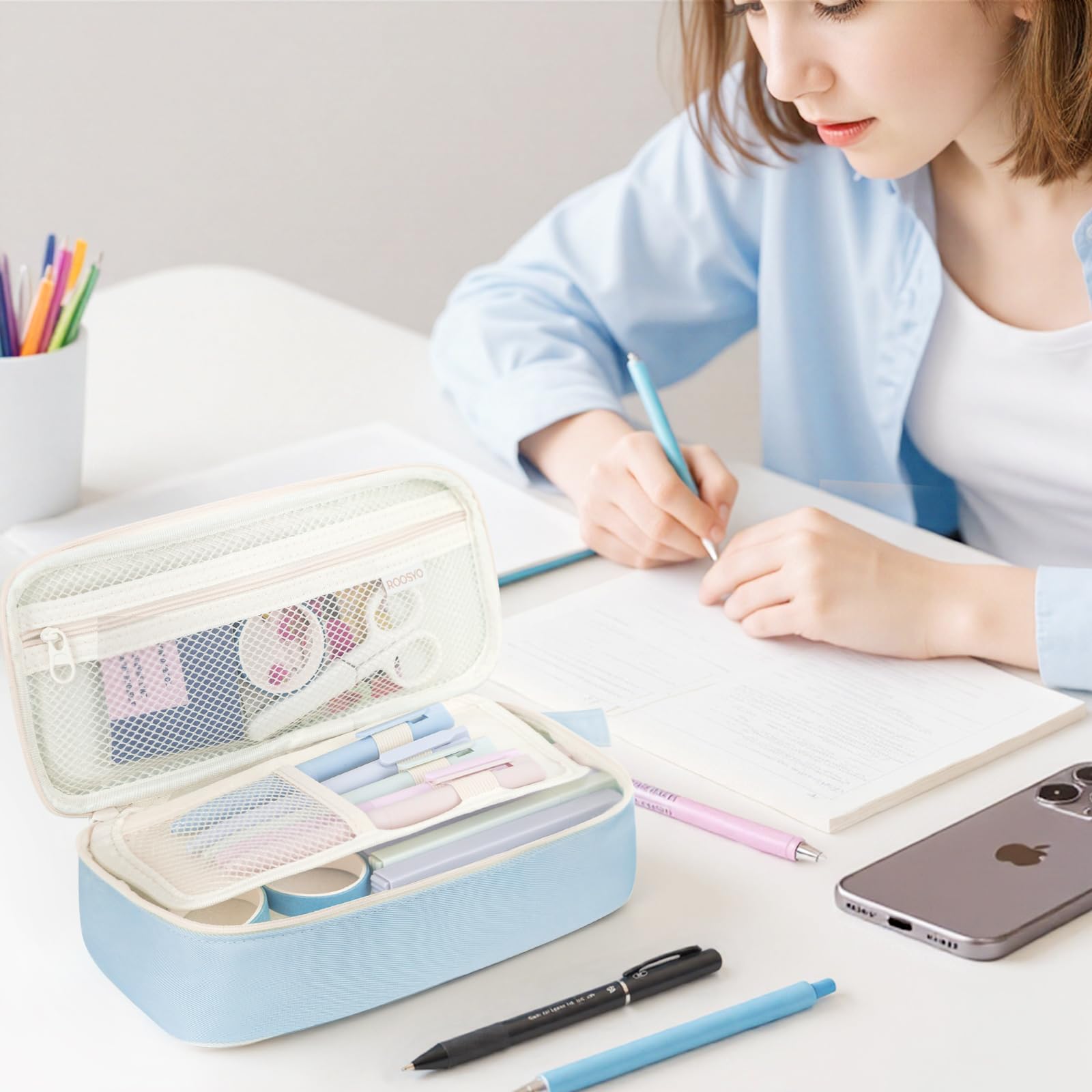 Aesthetic Pencil Case Pouch with Zipper – Large Capacity Organizer Bag for School Supplies, Pens, Pencils, Markers – Cute Small Storage Box for Kids, Girls, Teens & College, Blue