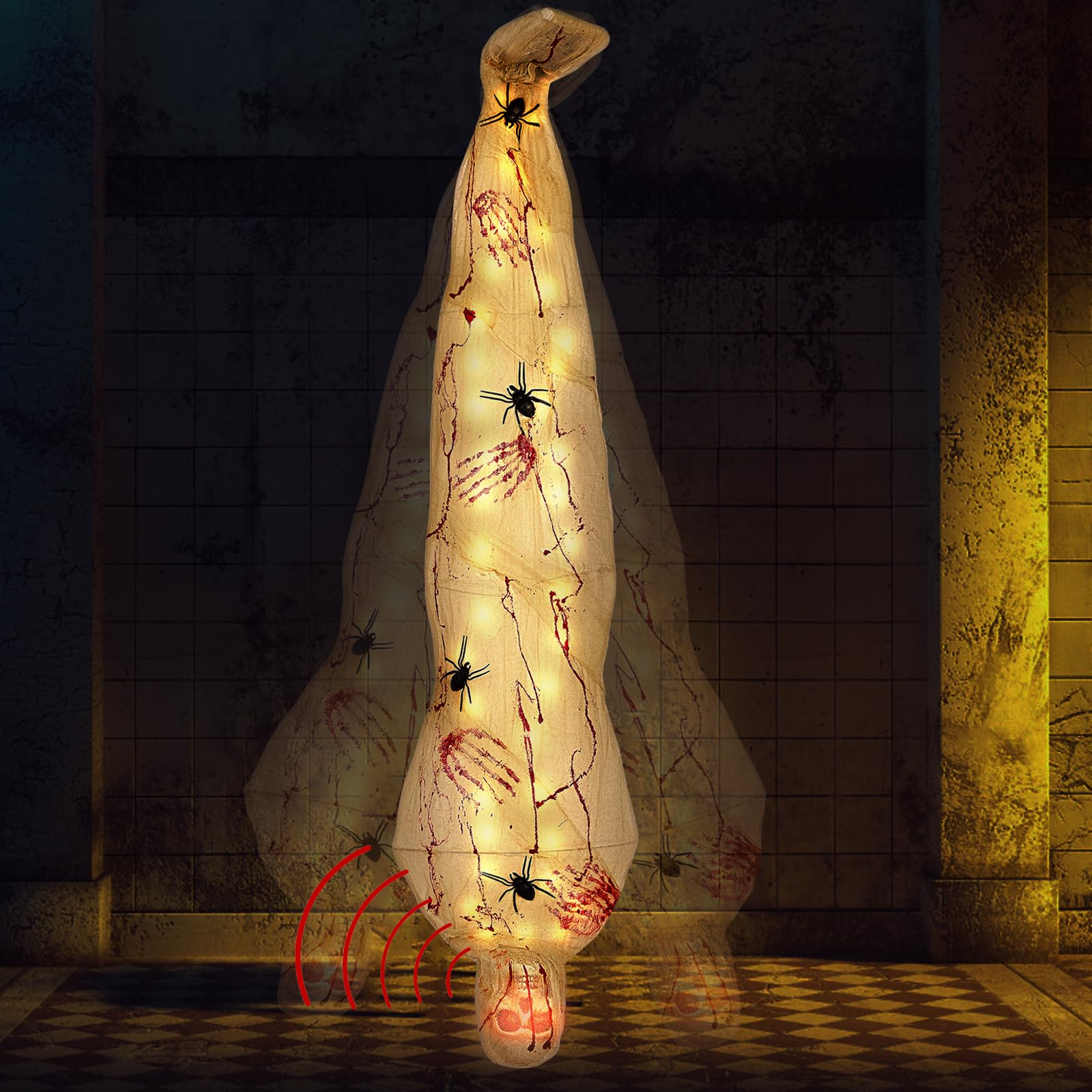 Photo 1 of Halloween Decorations Outdoor Hanging Cocoon Corpse Props, Scary Halloween Party Favors Skeleton Body Lighted Realistic Spooky Haunted House Yard Tree Prop for Indoor Outdoor Decor, 68 Inches