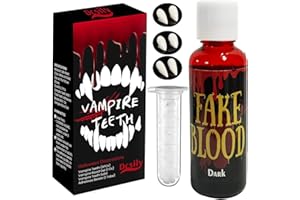 DCSILY Vampire Teeth Halloween Decorations - Fake Teeth Halloween Decor, Vampire Fangs for Cosplay Accessories as Halloween Props, Halloween Accessories incl Vampire Teeth & Blood Gel (1OZ) & Adhesives Beads