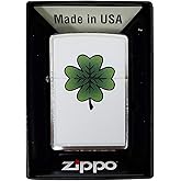 Zippo Custom Lighter - Brush Finish Chrome Lucky Irish Four Leaf Clover Design Collectible Zippo Lighter Gift