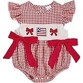 Lullnaxe 4th Of July Baby Girl Outfits Usa Flag Embroidery Smocked Bubble Romper Cute Newborn Fly Sleeve Bow Bodysuit