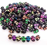 200+ Pieces 10x8mm Halloween Skull Beads for Jewelry Making Bracelets Necklaces Key Chains, Black Acrylic Mixed Skeleton (Colorful on Black)