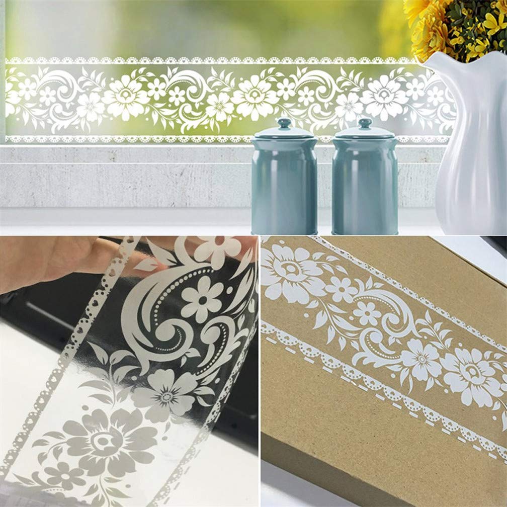 seaNpem Lace Border Wallpaper Transparent - White Lace Removable Decoration Self Adhesive Wallpaper Shop Display Window Sticker Home Bathroom Frameless Mirror DIY Decor (Flower1)