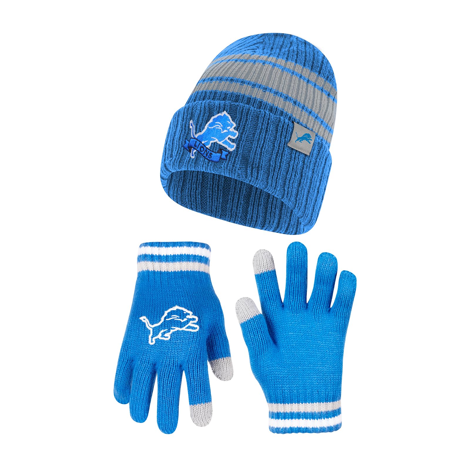Ultra Game NFL Official Adults Super Soft Winter Beanie Knit Hat with Extra Warm Touch Screen Gloves, Detroit Lions, Team Color, 1SIZE Image