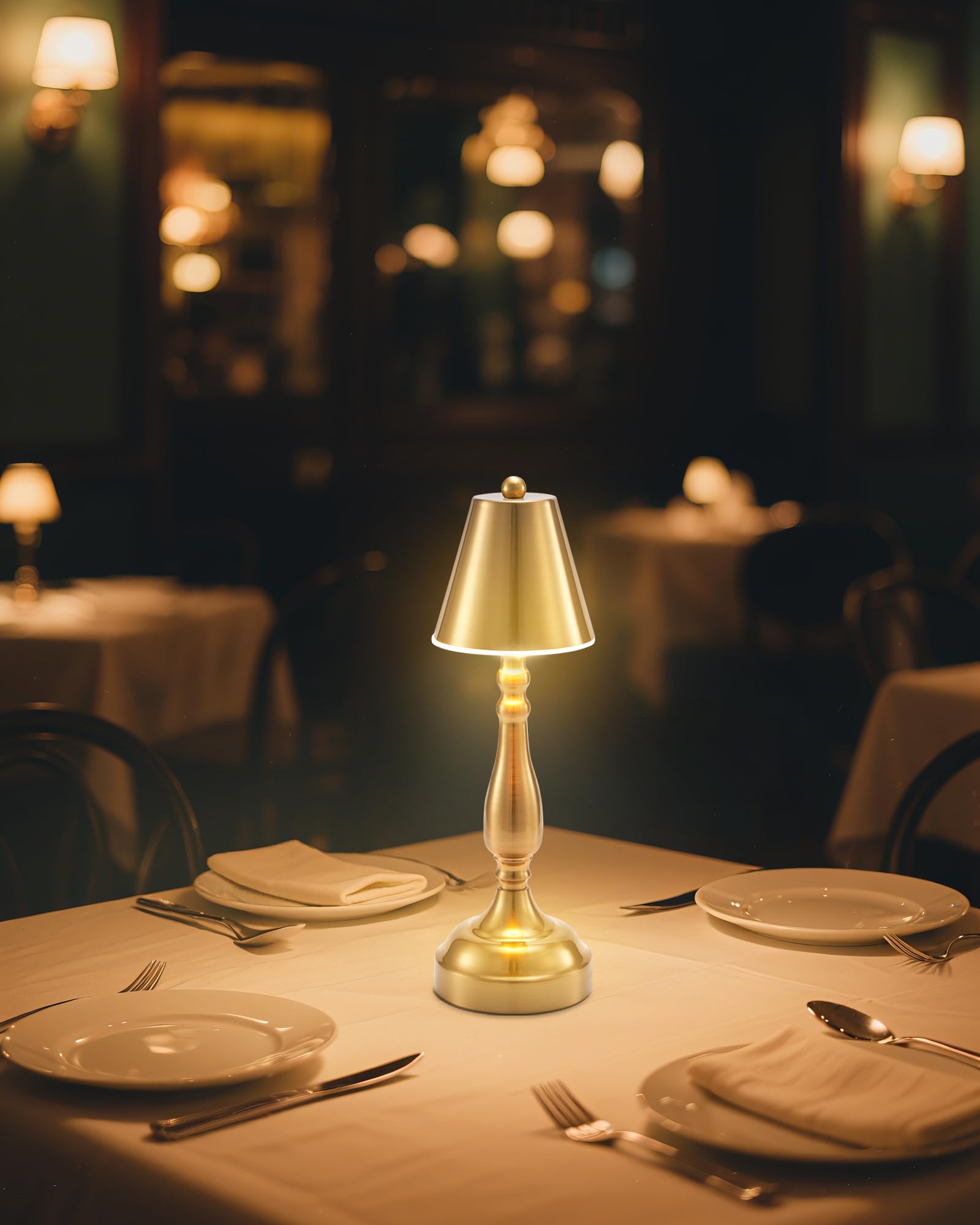 Photo 1 of ***(PARTS ONLY/ MAJOR DAMAGE/ NON FUNCTIONAL)***LED Cordless Rechargeable Table Lamp, Small Battery Operated Brass Lamp for Restaurant Dining Dinner Table Countertop, Portable Metal Touch Dimmable Table Light for Bedside Bars Patio Outdoor