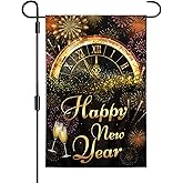 Happy New Year Garden Flag, 12x18 Inch Double-Sided Holiday Outside Yard Flags Flag, Black Background Fireworks Clock Pattern Courtyard Decoration ﻿