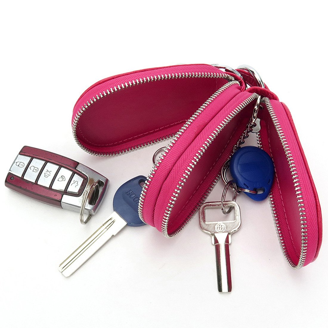 Esdrem Unisex Genuine Leather Key Case Holder Double Zipper Car Keychain Wallet Coin Purse (Hot Pink Gourd Shape)