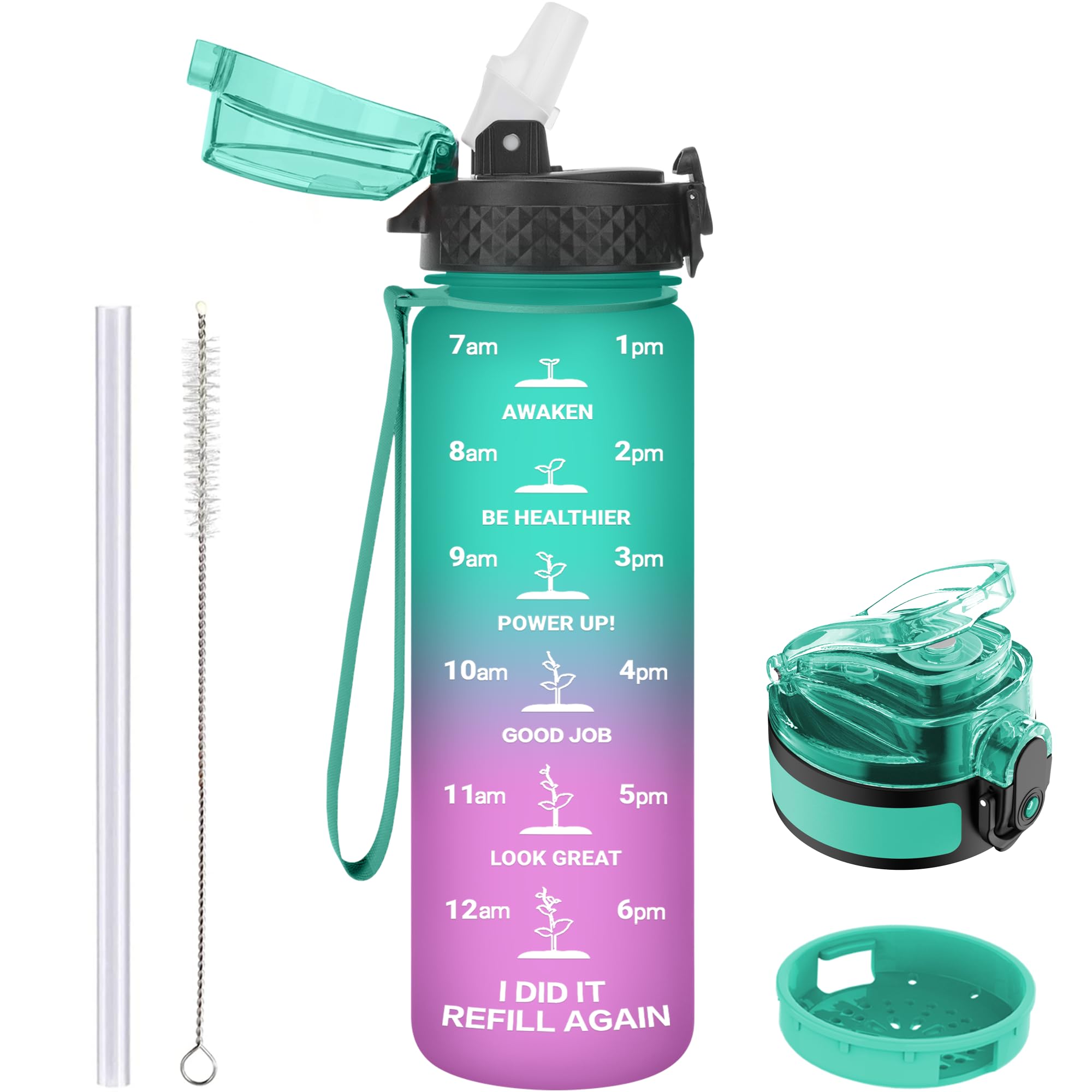 GOPPUS 500ml/17oz Kids Water Bottles with Straw Tritan Childrens Bottle with Flip Top Lid BPA Free Measured Drinks Bottle with Strap Sports Reusable Time Markings Leakproof (Green Purple)