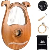 Lyre Harp, AKLOT 16 Metal Strings Mahogany Body Lyra Harp with Maple Saddle Carved Note Tuning Wrench Pickup Strings and Black Gig Bag