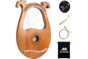 Lyre Harp, AKLOT 16 Metal Strings Mahogany Body Lyra Harp with Maple Saddle Carved Note Tuning Wrench Pickup Strings and Black Gig Bag