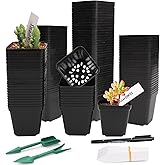SUNPRO 100Pcs Square Nursery Pots 2.6 Inch Flexible Plastic Seedling Pots Small Plant Pot Thick Seed Starter Pot for Plants, Succulent, Flower with 60Pcs Plant Labels