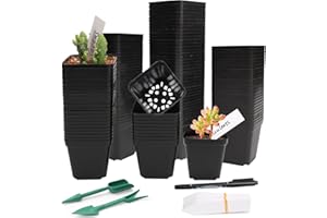 SUNPRO 100Pcs Square Nursery Pots 2.6 Inch Flexible Plastic Seedling Pots Small Plant Pot Thick Seed Starter Pot for Plants, Succulent, Flower with 60Pcs Plant Labels