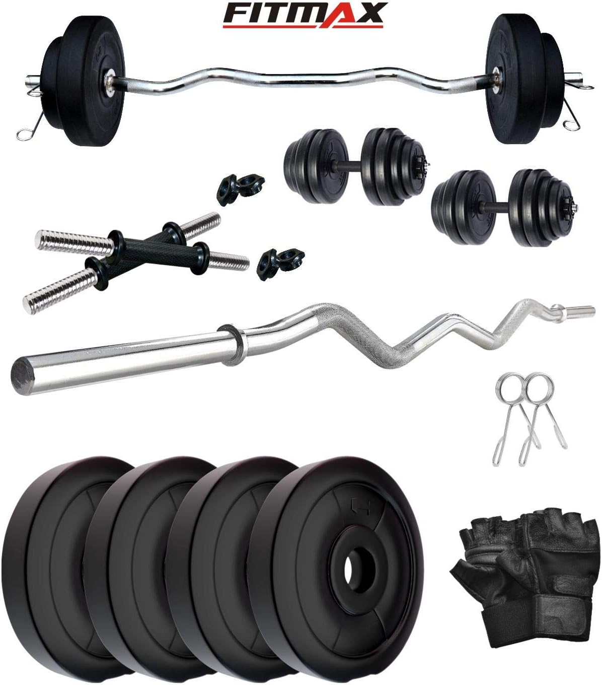 FITMAX PVC 10KG COMBO HOME GYM SET WITH ONE 3 FT CURL AND ONE PAIR DUMBBELL RODS COMES WITH GYM GLOVES