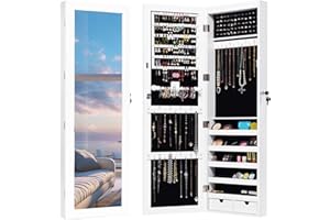 Giantex Jewelry Armoire Cabinet Wall Mounted Door Hanging, Lockable Jewelry Cabinet with Full Length Mirror, 15 LED Lights, Large Storage Jewelry Box Organizers with 2 Drawers (14.5"W x 4"D x 47.5"H)
