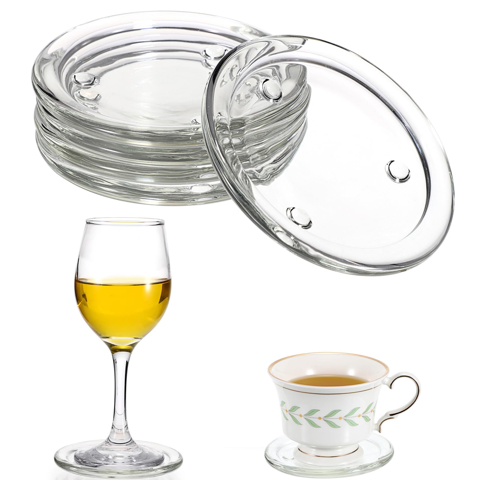 Photo 1 of JUXYES Set of 5 Glass Coasters Round Cup Mat, Clear Glass Coasters for Drinks Coffee Tea Wine, Decorative Wine Bottle Coaster Crystal Drink Coaster for Restaurant Kitchen bar Dining Table, 4 Inch