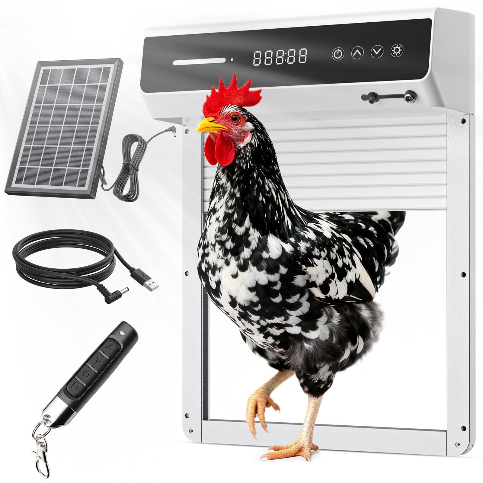 Photo 1 of Automatic Chicken Coop Door Solar, Battery Powered & Weatherproof Aluminum, Timer Modes for Safe and Convenient Chicken, Easy Install, Reliable All-Season Performance (White)