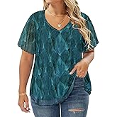CARCOS Plus Size Blouse Short Sleeve V Neck Mesh Ruffle Tops Pullover Dressy Curvy Women Loose Spring Green Tie Dye Tunic Summer Tee Shirts Oversize XL 12W 14W