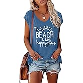 LOOKFACE Women's V-Neck Casual Loose Fit Tees Cap Sleeve Graphic Beach Tops