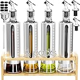 SINYWAY Oil Dispenser Bottle, 4 Pack Glass Olive Oil Dispenser Bottle with Shelf, 17oz/500 ml Oil and Vinegar Dispenser Set Wrapped in Stainless Steel Shell with Pourers, Funnel & Pen and Tags
