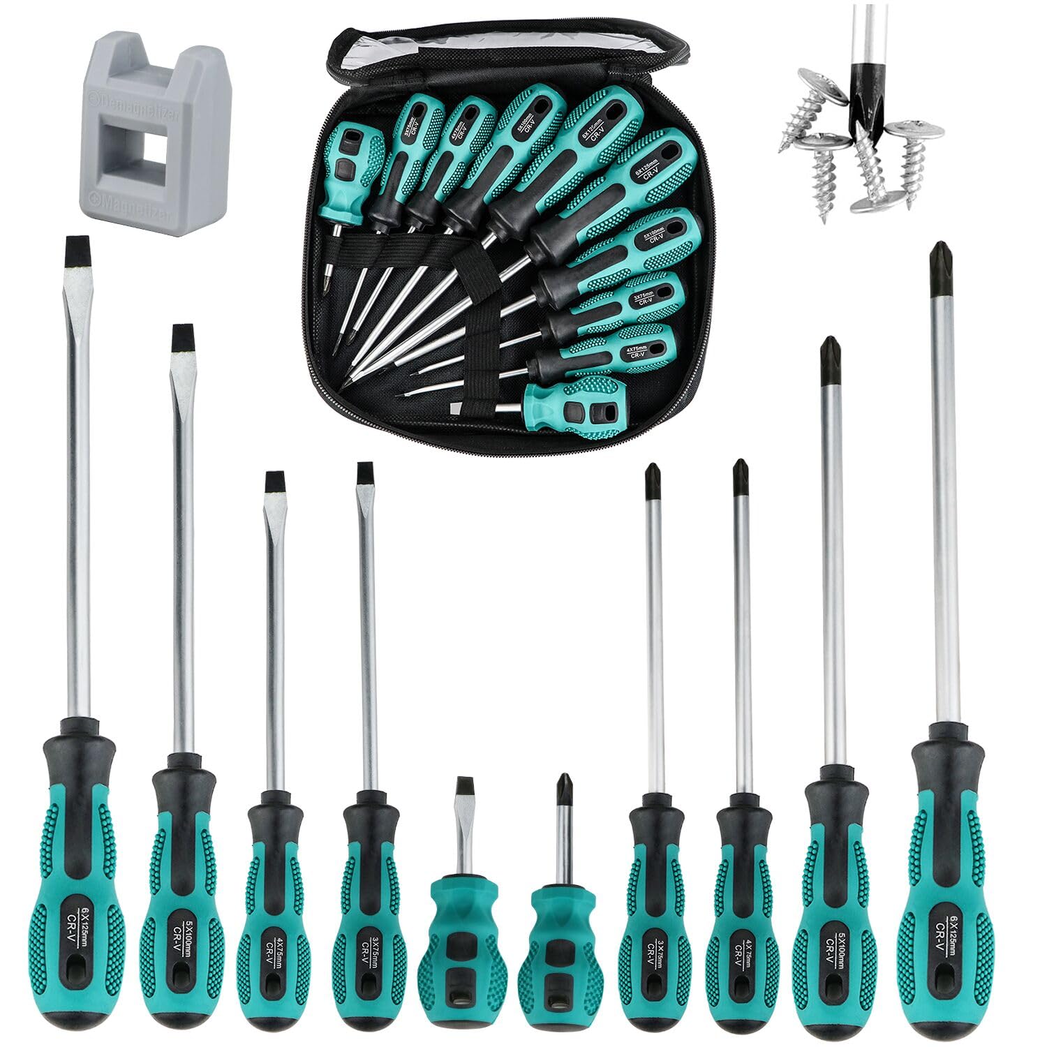 Screwdriver Set 10pcs, Magnetic Screwdriver Set 5pcs Phillips Screwdrivers and 5pcs Slotted/Flat Head Screwdrivers, Chrome Vanadium Steel Made