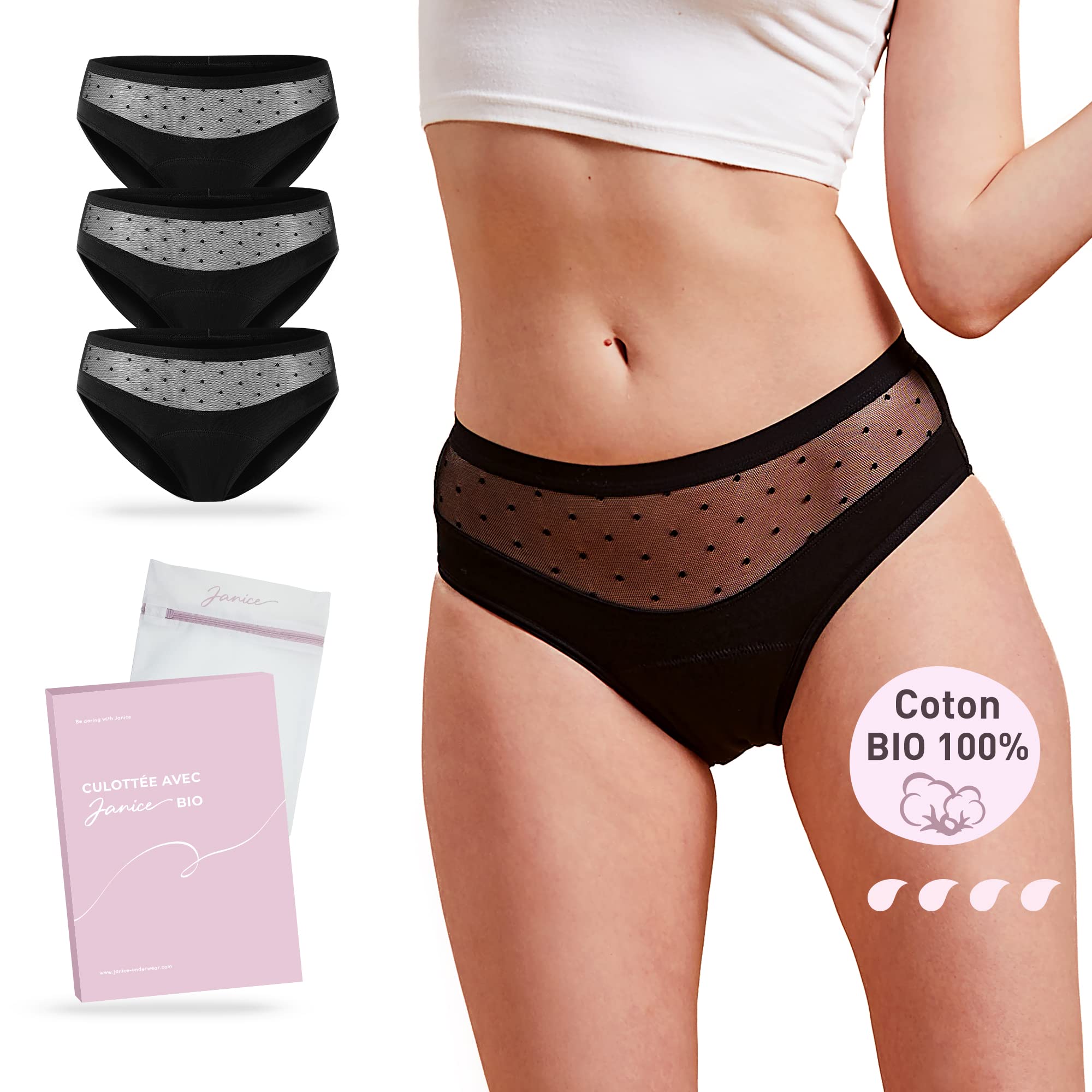 JANICE Pack of 3 Organic Cotton Menstrual Panties | Ultra Absorbent Abundant Flow | Postpartum Rulers for Teen Incontinence | Reusable Periodic Hygienic Briefs | Plumetis Underwear
