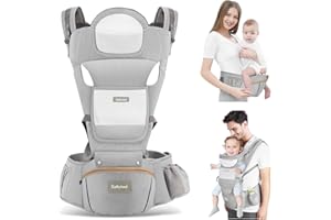 Safotad Baby Carrier with Hip Seat,Ergonomic M Position 6in1 Baby Carrier Newborn to Toddler,Head Support and Breathable Mesh Newborn Carrier,Adjustable Baby Holder Carrier for Dad&Mom-Grey
