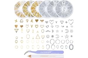 DANNEASY Gold Silver Nail Charms 3D Nail Art Studs Set Hollow Metal Nail Jewels Nail Charm Star Moon Heart Manicure Tips Nail Decoration with 1pc Tweezers, Wax Pen (6 Wheels)