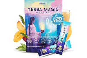 Brainista Yerba Magic Sticks Peach Mango - Yerba Mate Powder Single Serve Sticks - Instant Tea Powder On The Go - Nootropics, Prebiotics, Probiotics for Energy, Focus & Gut Health - Low Sugar, Natural Caffeine - 20 Servings