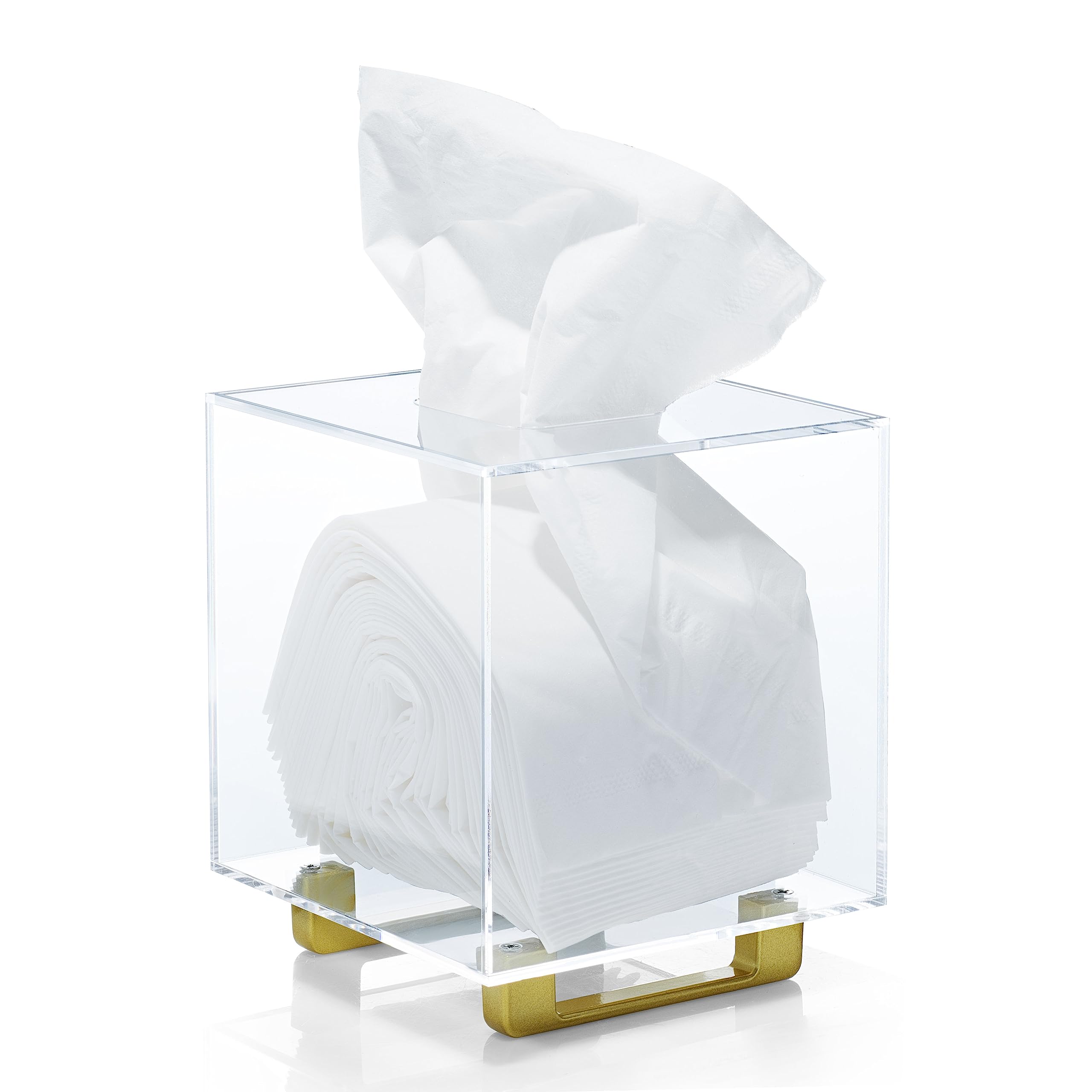 View 1 of YoBa Thick Clear Acrylic Square Tissue Box Holder with Gold Plated Aluminum Legs for Bathroom, Kitchen, Bedroom, Office, Hotels and Restaurant