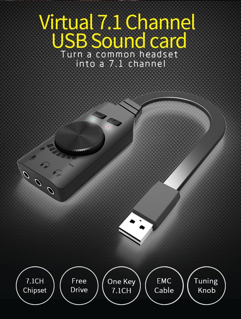EkoBuy® (USB 7.1 Gaming Sound Card,USB External 7.1 Virtual Surround Sound Adapter Splitter Converter with Volume Control Plug & Play for Windows 10/8/7 No Drivers Needed