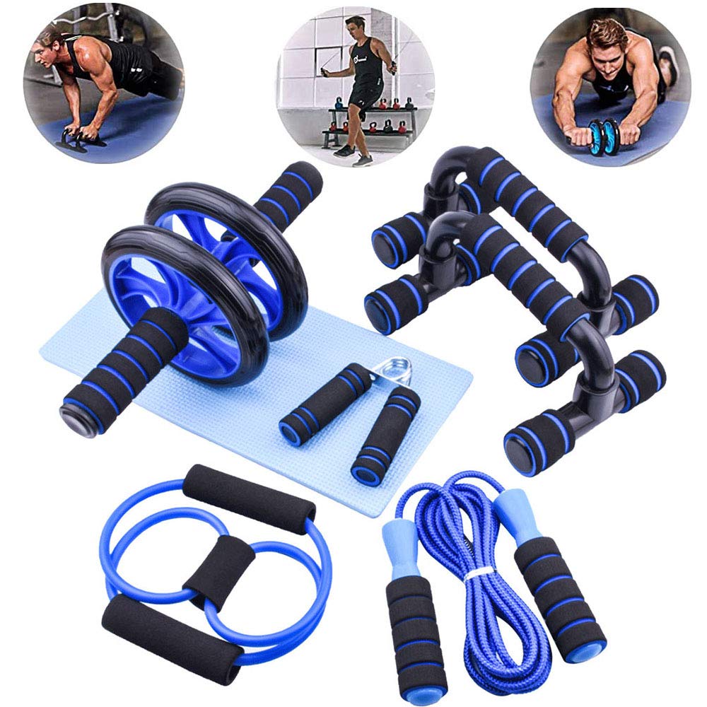 LucaSng 7 Pieces Fitness Exercise Set - Hand Gripper Jump Rope AB Roller Wheel Pad Push-Up Bar Knee 